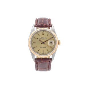 Rolex Datejust 16233 36mm Champagne Index Dial Fluted Bezel & Leather Band